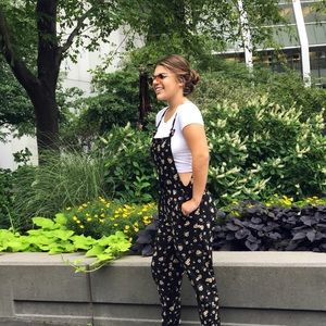 Floral overalls.